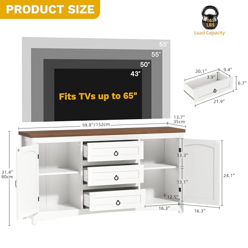 DWVO Farmhouse Sideboard Buffet Cabinet with Storage, 59" Sideboard Cabinet with Drawers & Doors, Kitchen Storage Cabinets for Dining Room Living Room, White DWVO