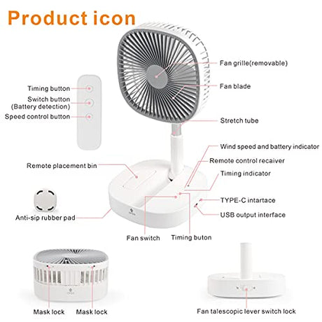 Magesh Portable Pedestal Fan - Foldaway Standing Fan Foldable Desk Fan, Use 7200Mah Rechargeable Battery, Remote Control Telescopic 4 Speed Quiet Timer Fan for Home Kitchen Outdoor Camping (Gray) Magesh