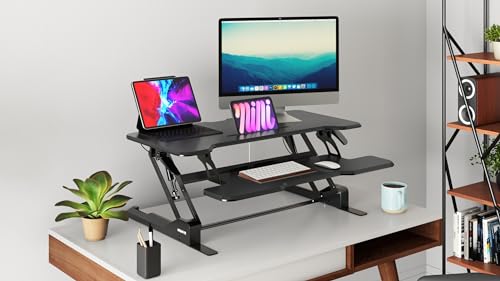 Mount-It! 38" Standing Desk Converter, Desktop Sit-Stand Desk Riser with Gas Spring Height Adjustment, Compact Desk Topper for Dual Monitors or Laptop, Keyboard Tray, Black Mount-It!