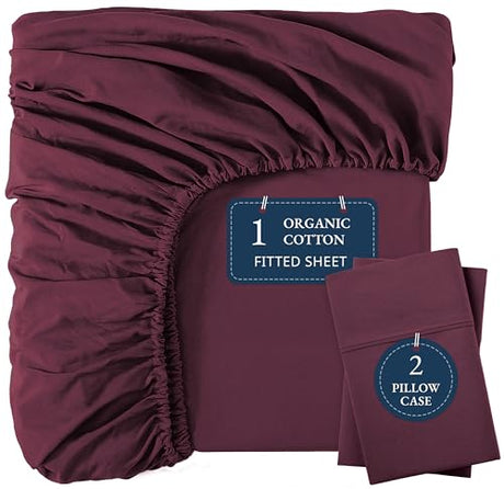 LANE LINEN Queen Size Fitted Sheet, 3-Piece Set (1 Fitted Sheet, 2 Pillowcases), 100% Organic Cotton, Percale Weave, Soft & Breathable, Fits Mattress Upto 15" Deep - Windsor Wine (No Flat Sheet) LANE LINEN
