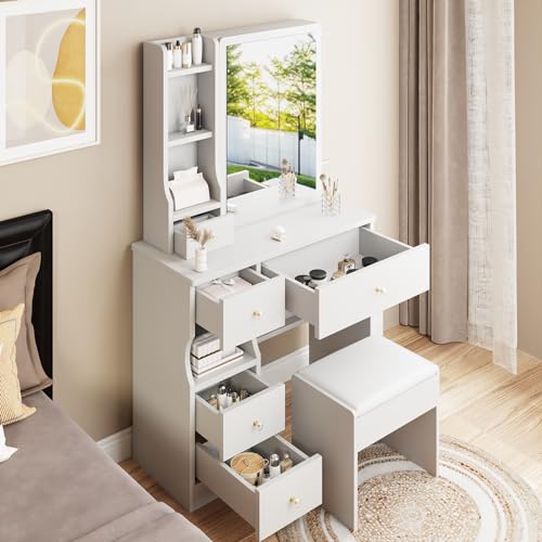 Elevon Small Makeup Vanity Desk with Sliding Mirror and Chair, Vanity Table with 5 Drawers & 4 Shelves Dressing Desk with No Light for Bedroom Furniture, White