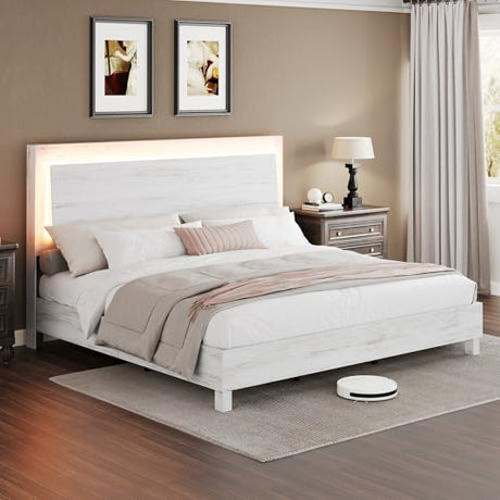 LUXOAK King Size Wood Bed Frame with RGBW LED Light, Mid-Century Modern Platform Bed with Floating Headboard and Solid Wood Legs, No Box Spring Needed, Easy Assembly, Distressed White LUXOAK