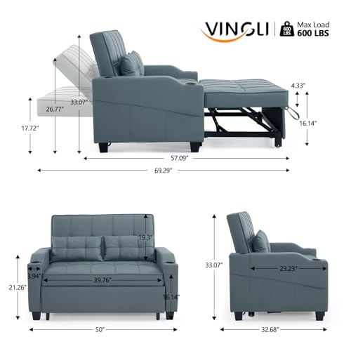 VINGLI Blue Grey Futon Sofa Bed Convertible Loveseat Sleeper Couch, Faux Leather Pullout Sofa Fold Out Couch Bed with USB Ports, Cup Holders, Armrest for Living Room, Bedroom Apartment Room VINGLI