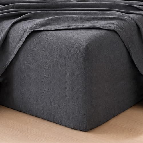 MooMee Fitted Bottom Sheet Only 100% Washed Cotton Linen Like Textured Breathable Durable Soft Comfy Deep Pocket Fits Mattress up to 17" (Dark Grey, Twin) MooMee