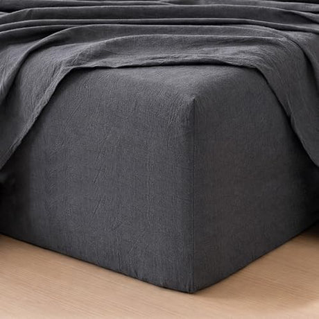 MooMee Fitted Bottom Sheet Only 100% Washed Cotton Linen Like Textured Breathable Durable Soft Comfy Deep Pocket Fits Mattress up to 17" (Dark Grey, Twin) MooMee
