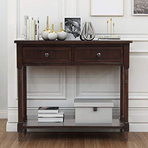 P PURLOVE Sofa Table Antique Style Wooden Console Table with 2 Drawers and Bottom Shelf (Dark Espresso) P PURLOVE