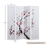 Roundhill Furniture White Japanese 4-Panel Screen Room Divider, Plum Blossom Roundhill Furniture