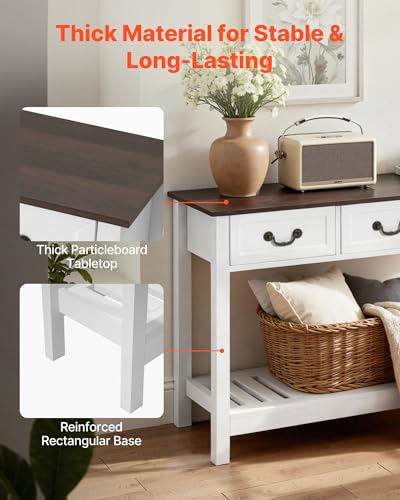 VEVOR 47 in Console Table, Farmhouse Desk Behind The Couch with Drawers and Bottom Storage Shelf, Wooden Rectangle Entrance Narrow Sofa Table for Hallway, Bedroom, Living Room, Foyer, Brown + White VEVOR