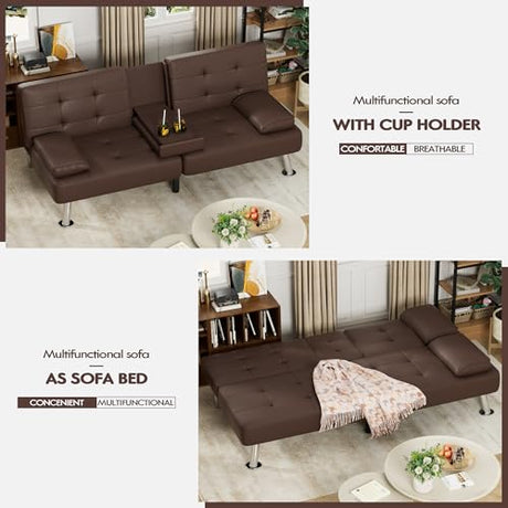 JUMMICO Faux Leather Futon Sofa Bed Futon Couch with Removable Armrests Adjustable Sleeper Sofa Bed with 2 Cup Holders for Living Room (PU Leather, Brown) JUMMICO
