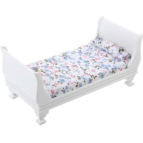 Gxsterd 1/12 Dollhouse Bed Miniature Single Bed Vintage Woode Mini Bed for for 6 inch Dolls Dollhouse Bedroom Furniture with Bedding Fabric (White) Gxsterd