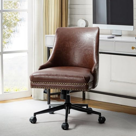 Faux Leather Home Office Chair with Black Metal Base and Nailhead, Modern Comfy Ergonomic Desk Chair with Adjustable Height/Tilt, 360-Degree Swivel, Armless Cute Decoration, Brown TINA'S HOME