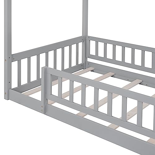 NicBex Gray Wood Family-Friendly Canopy Loft Bed Frame for Queens - WoodArtSupply