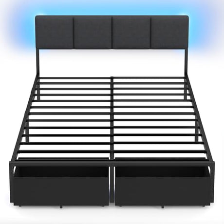 Furnulem Queen Bed Frame with Adjustable Headboard, Upholstered Bed with 2 Storage Drawers, Built-in USB Charging Station & LED Lights, Platform Bedframe with Metal Slats, No Spring Box Needed, Grey Furnulem