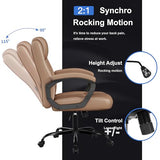 Misolant Office Chair, Executive Desk Chair, PU Leather Comfortable Ergonomic Chairs with Fixed Armrest, Adjustable Height, Rocking Function, 360° Swivel Wheels, Brown Misolant