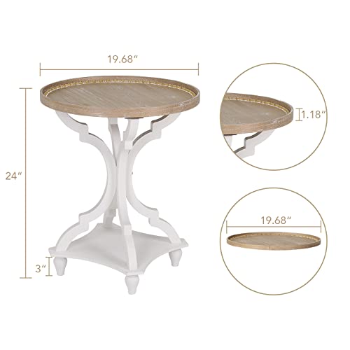 Wnutrees Farmhouse Round Accent End Table, Rustic Side Table Nightstands for Living Room Bedroom, Wood Tray Top, Handcrafted Finish, Set of 2, White Wnutrees