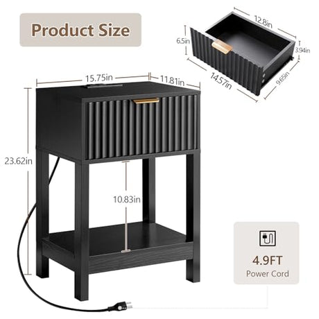 Nasonet Night Stand Set 2, Fluted Nightstand with Charging Station, Wood Bedside Table with Drawer & Storage Shelf, Modern End Tables for Bedroom Sofa Couch Office, Black Nasonet