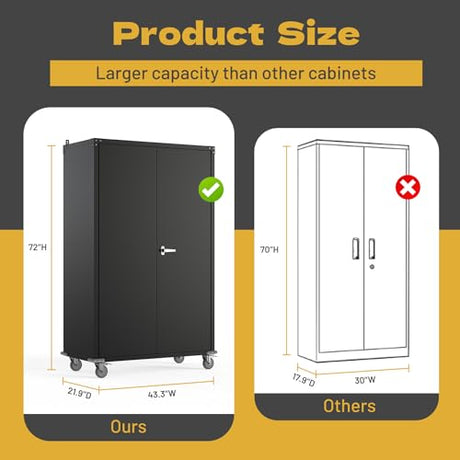 biosp 72" H Wide & Deep Garage Storage Cabinet with Wheels & Pegboards, Metal Storage Cabinet with Locking Door & Adjustable Shelves, Rolling Tool Cabinet for Garage, Shop, Office, 72"x43"x22" biosp