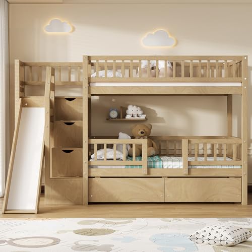 RUNNA Twin Over Twin Bunk Bed with Slide, Storage Drawers & Staircase, Solid Pine Wood Frame, No Box Spring Needed, Kids Bedroom Space-Saving Furniture (01-Walnut) RUNNA