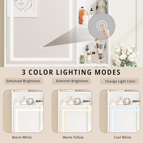 IRONCK Vanity Desk with Mirror and LED Lights, Jewelry Cabinet, Makeup Dressing Table Set with Drawers, Storage Shelves, for Bedroom, 65.3 H White IRONCK