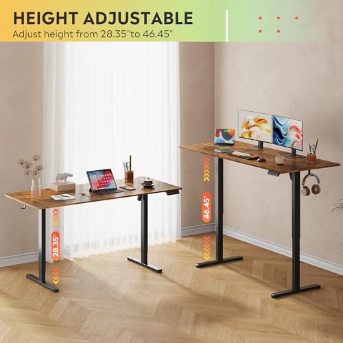 DEVAISE 63 x 28 Inches Electric Standing Desk, 3 Adjustable Height Stand up Desk for Home Office, Ergonomic Sit to Stand Desk with LED Touchscreen, Hook, 3 Memory Preset Computer Desk (Rustic Brown) DEVAISE