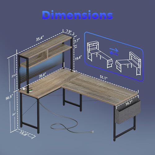 Mericonia 50 inch Large L Shaped Desk with Pegboard Hutch & Shelves, Corner Gaming Desk with Power Outlet, LED Light & Storage Bag, Reversible Computer Desk for Home, Bedroom, Office Workspace, Grey Mericonia