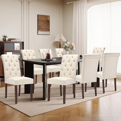MALOL 9-Piece Rectangular Dining Table Set for 8, 63" Industrial Kitchen Table with 8 Tufted Parsons Dinner Chairs for Dining Room, Kitchen, Living Room, Black+Beige MALOL