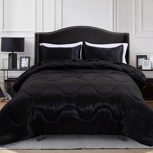 A Nice Night Satin Silky Soft Quilt Luxury Super Soft Microfiber Bedding Comforter Set, Light Weighted (Black, Twin) A Nice Night