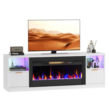 Bestier 70” Fireplace TV Stand for TVs Up to 80", LED Entertainment Center with 36" Electric Fireplace, Modern Fluted Media Console Table with Drawers, TV Cabinet for Living Room - White Bestier