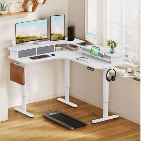 Flycity Electric L Shaped Standing Desk with Drawers, 63" x 55" Corner Standing Desk Adjustable Height, Stand Up Home Office Desk, Dual Motor Sit Stand Desk with 3 Memory Preset & Lock, White Flycity