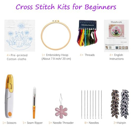 CHIYOSING Embroidery Kit for Beginners Adults, 4 Cat Pattern to Learn Over 30 Different Stitches,Includes Step-By-Step Instructions,Sharp Scissors and 2 Exquisite Hairpins and Multiple Accessories. CHIYOSING