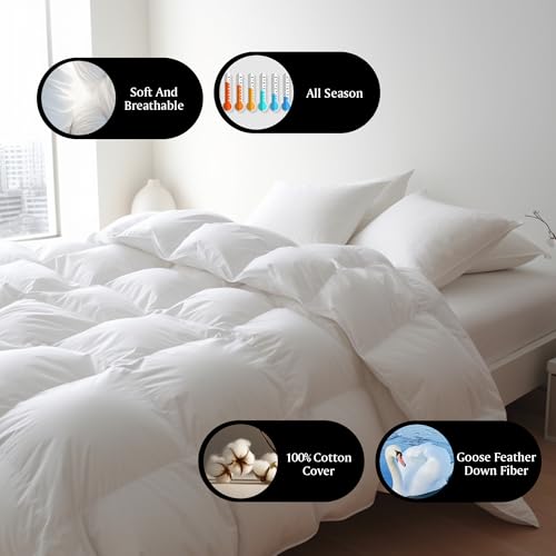 Royal Luxe Goose Feather Down Fiber Comforter - Queen Size Duvet Insert, 100% Cotton Cover All Season Comforter Ultra Soft Luxurious Hotel Bedding, 88”x88” Royal Luxe