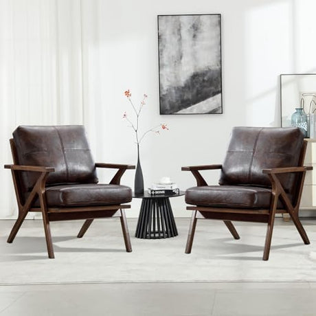 INZOY Mid-Century Modern Accent Chair with Wood Frame Set of 2, PU Leather Living Room Chair and Soft Thick Padded Armchair for Living Room Bedroom Reception with Removable Upholstered Cushions, Brown INZOY