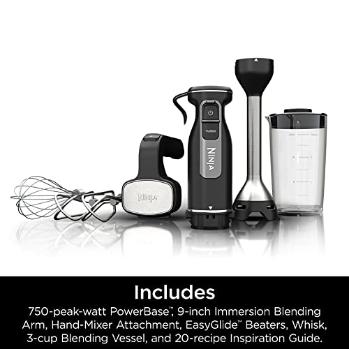 Ninja Hand Mixer, Immersion Blender, Foodi Power Mixer System, 750-Peak-Watt Handheld Emulsion Blender & Electric Hand Mixer Combo With Whisk, Beaters & 3-Cup Blending Vessel,120 volts, Black CI101 Ninja