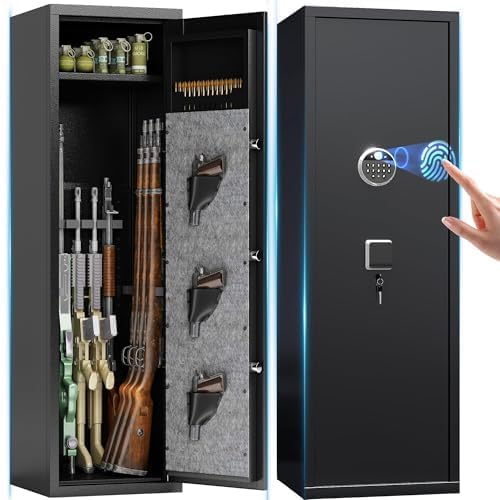 10-15 Large Gun Safe Cabinet With 3 Pistol Pouches,rifle Gun Safes for Home fireproof waterproof Adjustable Rack and Biometric Lock,Heavy-Duty Gun Safes for Rifles and Shotguns Money and Valuable