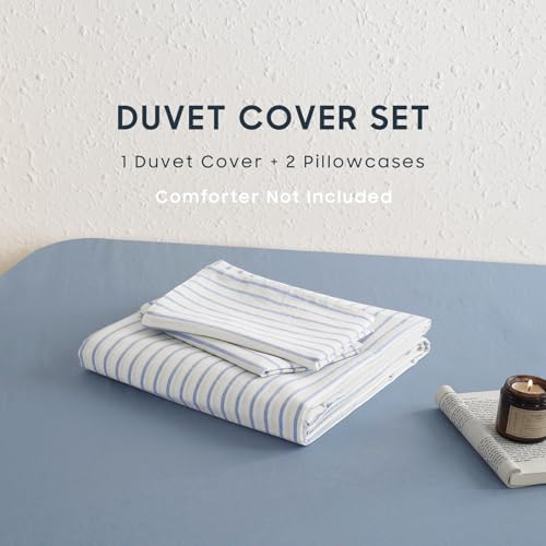 Wake In Cloud - Striped Cotton Duvet Cover Set, Ticking Stripe Vertical Pinstripe Farmhouse, 100% Washed Cotton Textured Percale Bedding Set, 3 Pieces, Blue White, Twin Size Wake In Cloud