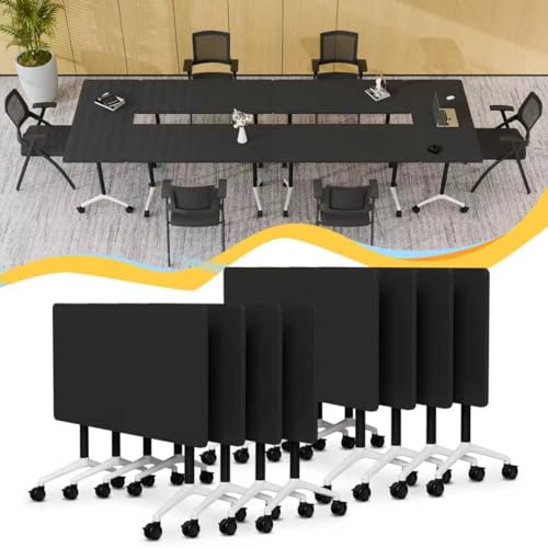 Conference Room Table, Mobile Folding Conference Table on Wheels, Modern Flip Top Stackable Training Tables, Heavy-Duty Modular Meeting Tables for Office Boardroom Classroom (8, Black-A, 55.1in) Lrxmastery