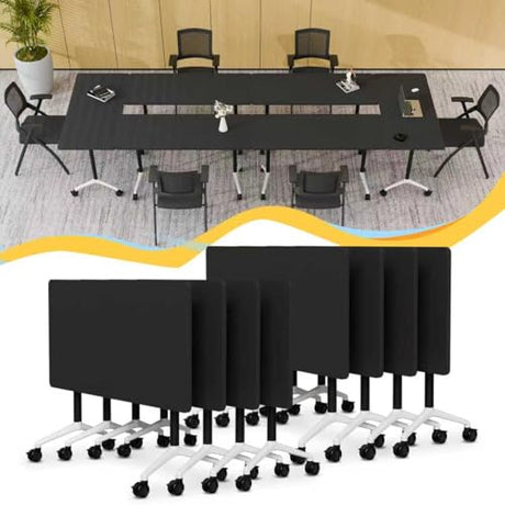 Conference Room Table, Mobile Folding Conference Table on Wheels, Modern Flip Top Stackable Training Tables, Heavy-Duty Modular Meeting Tables for Office Boardroom Classroom (8, Black-A, 55.1in) Lrxmastery