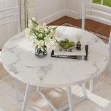 VECELO Round Dining Room Table with Wood Grain Tabletop and Steel Frame, for Kitchen, Living Room, Office, Conference, 2 to 4 Person, Fuax Marbled & White VECELO