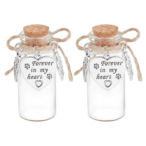 DELORIGIN 2pcs Pet Hair Glass Memorial Bottle Wishing Bottle with Heart Pendants and Cork Stopper Dog Cat Glass Tube Keepsake Memorial Urn Pet Sympathy Glass Vial Remembrance Gift for Pet Ashes Hair