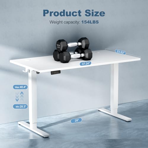 DUMOS 48 Inch Electric Standing Desk Height Adjustable, Sit to Stand Up Computer Workstations Work PC Table Home Office Study Writing Gaming Desks with Memory Presets for Walking Pad, Bedroom, White DUMOS