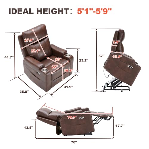 Eiayeebil Triple Motor Power Lift Recliner Chair with Adjustable Lumbar Support, Lay Flat Recliner for Elderly, Breathable Brown Leather Recliner, Lift Chair Massage & Heating, USB Ports, Cup Holders Eiayeebil