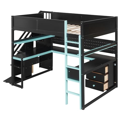 LUMISOL Full Size Gaming Loft Bed with Desk & Stairs, Solid Wood Loft Bed with Shelves & Pegboard, Black+Blue LUMISOL
