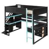 LUMISOL Full Size Gaming Loft Bed with Desk & Stairs, Solid Wood Loft Bed with Shelves & Pegboard, Black+Blue LUMISOL