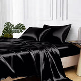 MR&HM Satin Sheets with Elastic Corner Straps, Twin Size 3-Piece Silky Bedding Set, Deep Pocket 15 Inches, Good for Hair & Skin (Twin, Black) MR&HM