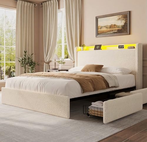 Full LED Bed Frame with 4 Storage Drawers and Storage Headboard, Soft Boucle Upholstered Platform Bed Frame with Charging Station and USB Ports, Solid Wood Slats Support, No Box Spring Needed, Cream Garvee