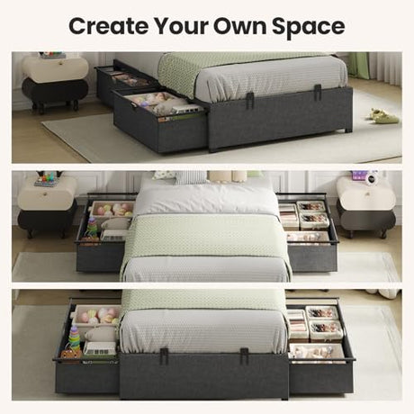 BTHFST Twin Size Bed Frame with 2 Large Storage Drawers, Metal Platform Twin Bed for Kids, Heavy Duty Steel Slats, No Box Spring Needed, Easy Assembly, Dark Grey & Black BTHFST