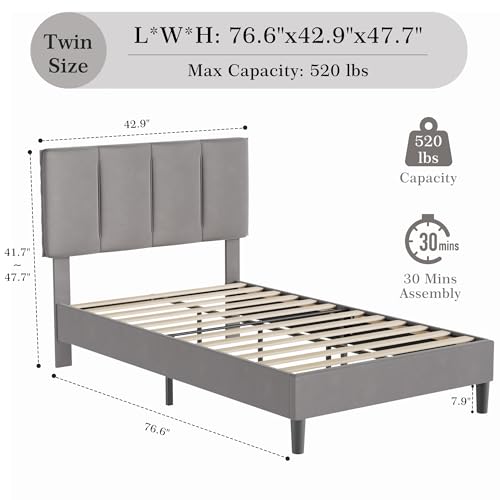 VECELO Twin Size Bed Frame with Upholstered Headboard, Heavy-Duty Bedframe with Wooden Slats & Steel Framework, Easy Assembly, Dark Grey VECELO