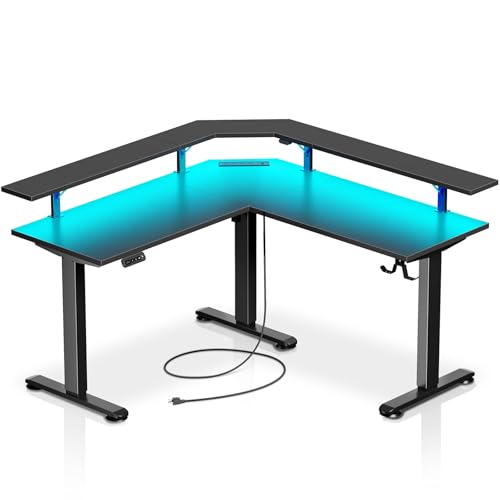 Rolanstar Standing Desk L Shaped with LED Light and Power Outlet, Electric Height Adjustable Computer Office Desk Sit Stand Up with Monitor Stand, Black Rolanstar