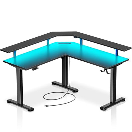 Rolanstar Standing Desk L Shaped with LED Light and Power Outlet, Electric Height Adjustable Computer Office Desk Sit Stand Up with Monitor Stand, Black Rolanstar