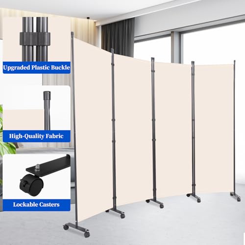 Room Divider 6FT Room Partition with Lockable Wheels, (Thicked Metal Base) Room Dividers, Freestanding Indoor Folding Privacy Screens, Portable Fabric Wall Divider for (Beige, 88"- 4 Panel) JVVMNJLK